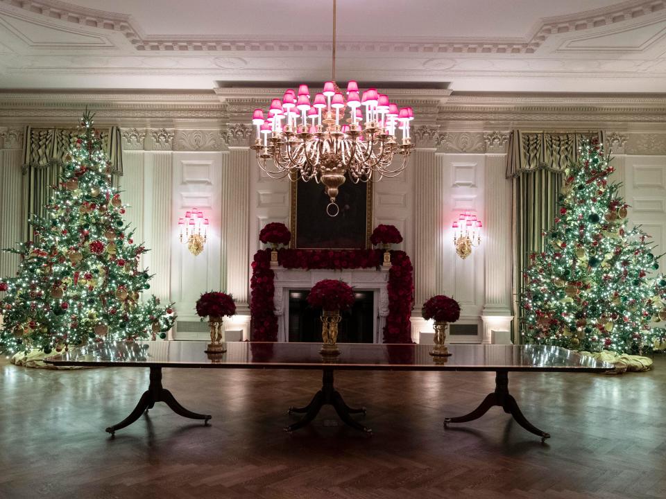 The State Dining Room decorated for Christmas.