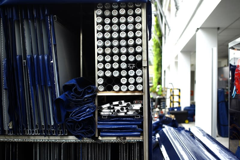 It takes 2.5 days and about 12 people to complete the logistics of setting up the garage. (Courtesy of Scuderia Toro Rosso)