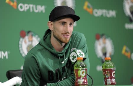 Nov 2, 2017; Boston, MA, USA; Boston Celtics injured forward Gordon Hayward address the media at Celtics Practice Facility. Bob DeChiara-USA TODAY Sports