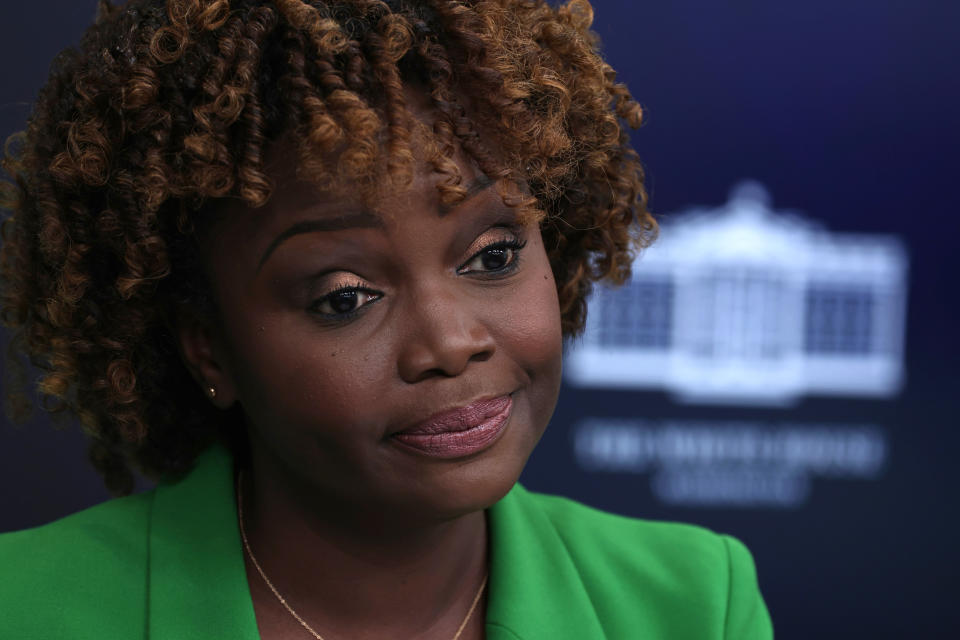 White House press secretary Karine Jean-Pierre speaks during the daily news briefing on Oct. 19.