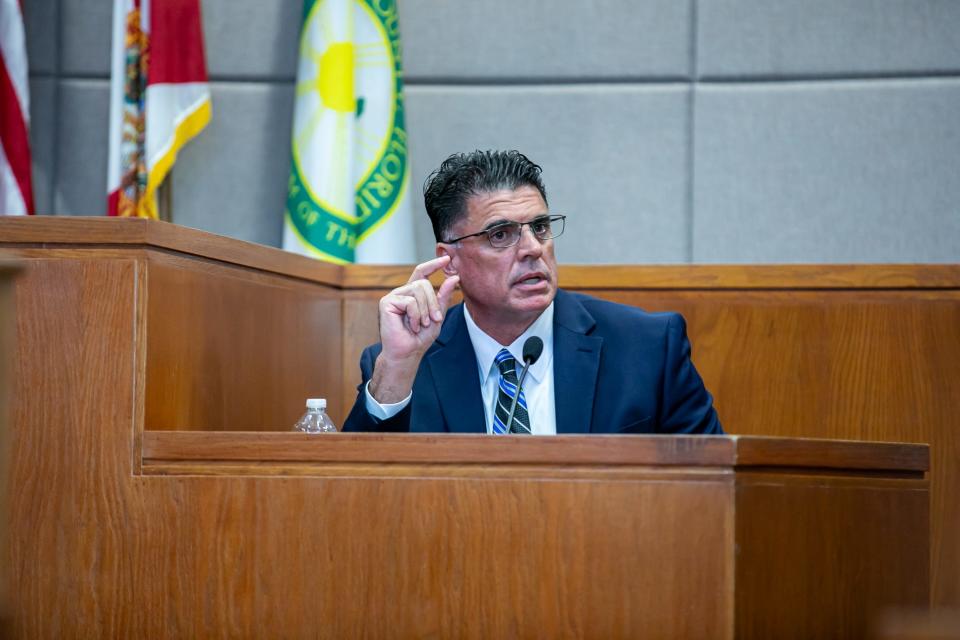 Neuropsychologist Dr. Jason Demery testifies during Neely Raye Pesognellie Petrie Blanchard’s murder trial at the Marion County Judicial Center in Ocala on Friday, April 19, 2024. Blanchard, who is representing herself, is on trial for the 2020 killing of Christopher Hallett.