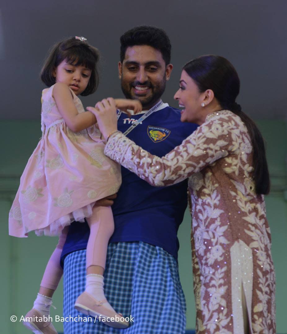 Aaradhya Bachchan photographed during an Indian Super League 2015 football match along with her parents Abhishek and Aishwarya.