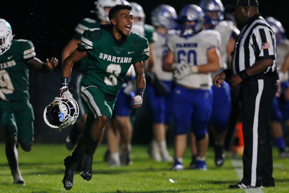 Athens Academy's Austin Mcgee (3) celebrates after scoring a touchdown during a GHSA high school football game between Fannin County and Athens Academy in Athens, Ga., on Friday, Nov. 11, 2022. Fannin County won 28-13.