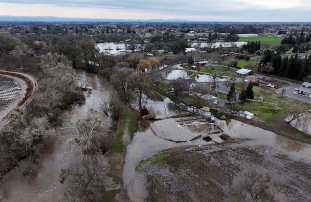 PHOTO: A view from a drone shows flooded areas around homes after rainstorms caused a levee to break, flooding Sacramento County roads and properties near Wilton, California, Jan. 2, 2023. (Fred Greaves/Reuters)