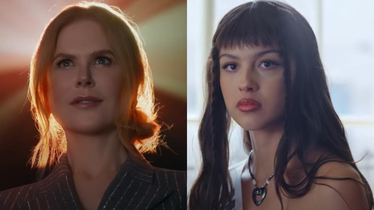  From left to right: screenshots of Nicole Kidman in the AMC ad and Olivia Rodrigo in her Obsessed music video. 