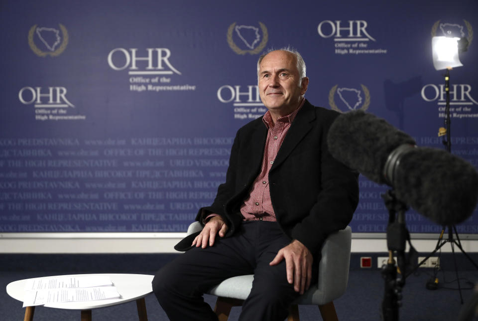 Valentin Inzko, the outgoing head of Bosnia's Office of the High Representative, or OHR, listens to a question during an interview with the Associated Press, in the capital Sarajevo, Bosnia, Monday, July 26, 2021. Bosnia’s outgoing top international overseer has urged the Western powers to urgently adopt a new approach to the politically fragmented post-war country to stop its “not sincere” nativist leaders from turning it into a deserted wasteland. (AP Photo)