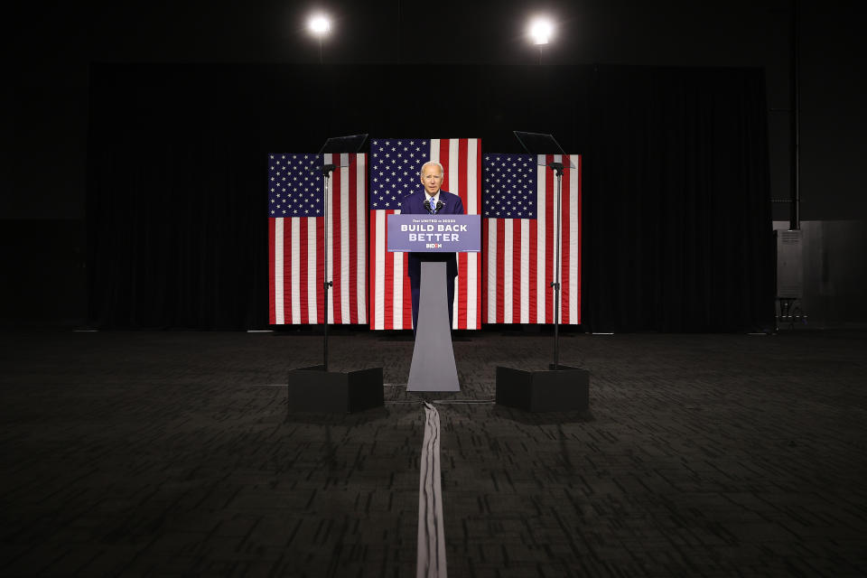 WILMINGTON, DELAWARE - JULY 14: Democratic presidential candidate former Vice President Joe Biden speaks at the Chase Center July 14, 2020 in Wilmington, Delaware. Biden delivered remarks on his campaign's 'Build Back Better' clean energy economic plan. (Photo by Chip Somodevilla/Getty Images)