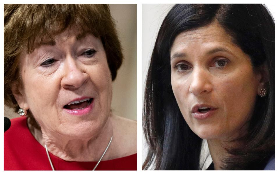 This pair of 2020 photos shows incumbent Republican U.S. Sen. Susan Collins, left, and Maine Democrat House Speaker, right, candidates for U.S. Senate in the Nov. 3 election.