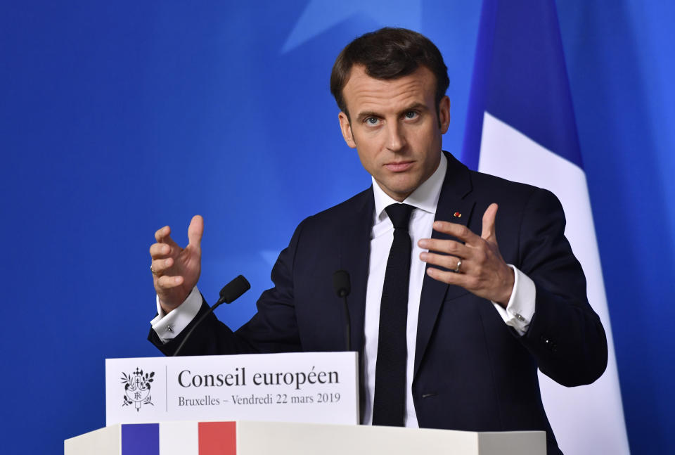 French President Emmanuel Macron speaks during a media conference at the conclusion of an EU summit in Brussels, Friday, March 22, 2019. European Union leaders gathered again Friday after deciding that the political crisis in Britain over Brexit poses too great a threat and that action is needed to protect the smooth running of the world's biggest trading bloc. (AP Photo/Geert Vanden Wijngaert)