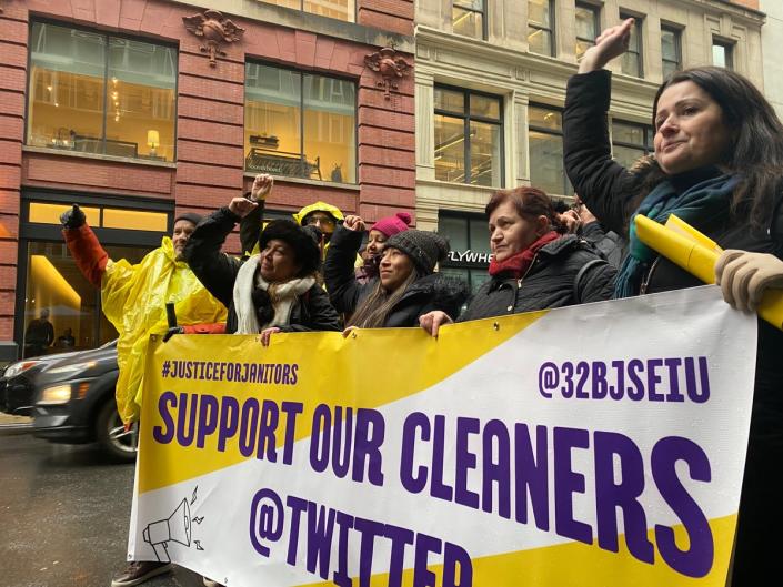 Laid-off cleaning staff and their supporters rally with their union outside Twitter’s New York City officers on 25 January after they were abruptly fired on 19 December, 2022. (Alex Woodward/The Independent)