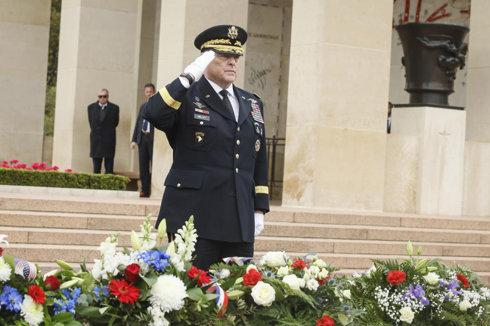 U.S Joint Chiefs of Staff chairman Gen. Mark Milley salutes during a ceremony to mark the 79th anniversary of the assault that led to the liberation of France and Western Europe from Nazi control, at the American Cemetery in Colleville-sur-Mer, Normandy, France, Tuesday, June 6, 2023. The American Cemetery is home to the graves of 9,386 United States soldiers. Most of them lost their lives in the D-Day landings and ensuing operations. (AP Photo/Thomas Padilla)