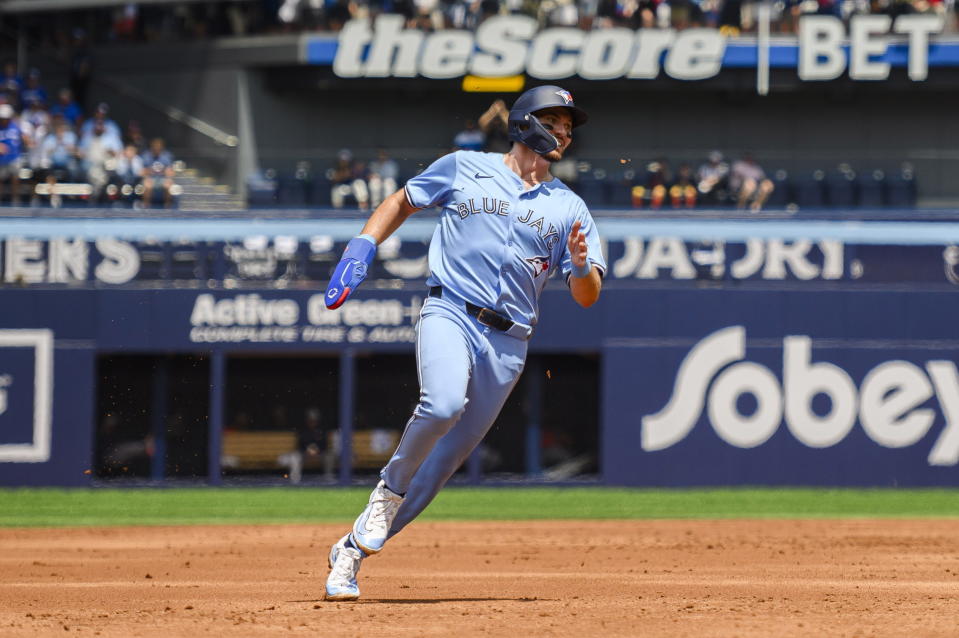 Toronto Blue Jays' Spencer Horwitz runs to third base during the first inning of a baseball game against the Houston Astros in Toronto on Thursday, July 4, 2024. (Christopher Katsarov/The Canadian Press via AP)