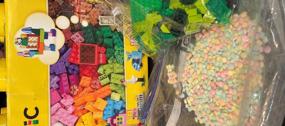 According to the DEA, approximately 15,000 candy-colored fentanyl pills were seized in Manhattan — stuffed inside a Lego box.   / Credit: U.S. Drug Enforcement Administration
