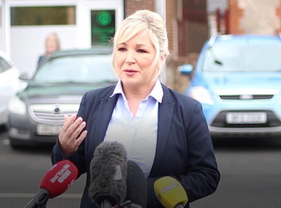 Sinn Fein’s vice president Michelle O’Neill spoke about the death of David Trimble during a visit to Cookstown (Sinn Fein/PA) (PA Media)