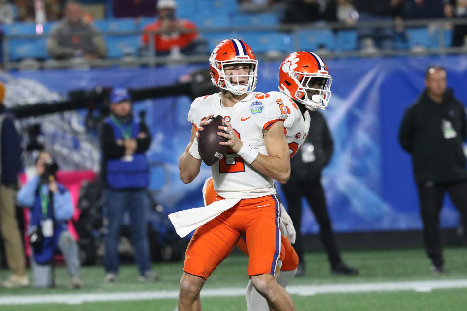 CHARLOTTE, NC - DECEMBER 03: Clemson Tigers quarterback Cade Klubnik (2) during the ACC college football championship game between the North Carolina Tar Heels and the Clemson Tigers on December 3, 2022, at Bank of America Stadium in Charlotte, N.C. (Photo by John Byrum/Icon Sportswire via Getty Images)
