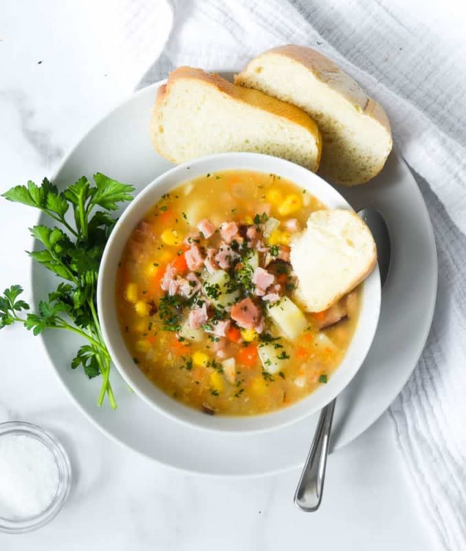 <p>Worn Slap Out</p><p>This creamy ham and potato soup is comforting and healthy—with bits of ham and vegetables in every bite! </p><p><strong>Get the recipe: <a href="https://wornslapout.com/healthy-ham-and-potato-soup/" rel="nofollow noopener" target="_blank" data-ylk="slk:Healthy Ham and Potato Soup;elm:context_link;itc:0;sec:content-canvas" class="link rapid-noclick-resp">Healthy Ham and Potato Soup</a></strong></p>