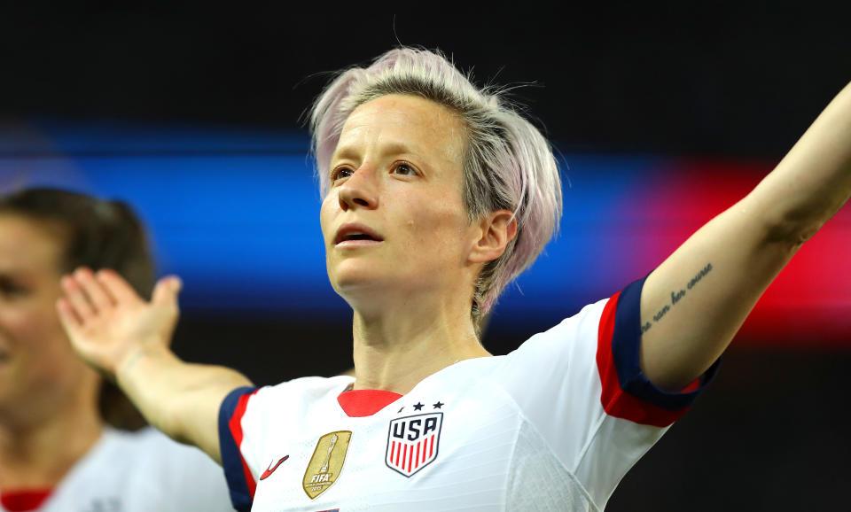 Megan Rapinoe celebrates after scoring her team's first goal during the 2019 FIFA Women's World Cup quarterfinal match between France and USA. (Getty)