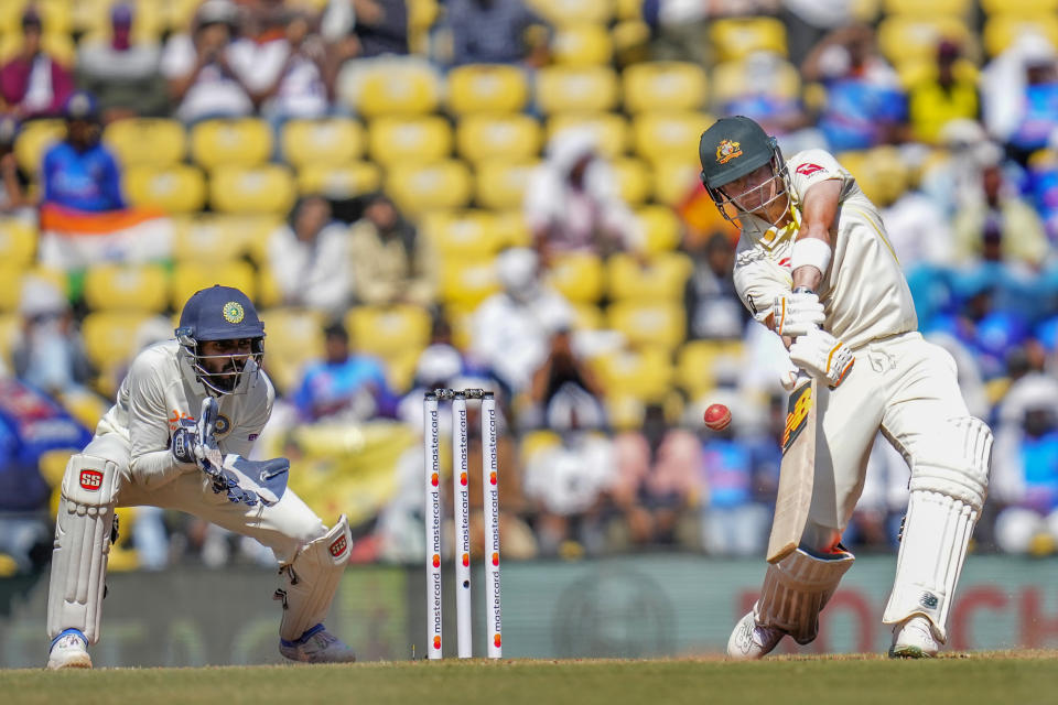 Australia's Steve Smith plays a shot during the third day of the first cricket test match between India and Australia in Nagpur, India, Saturday, Feb. 11, 2023. (AP Photo/Rafiq Maqbool)
