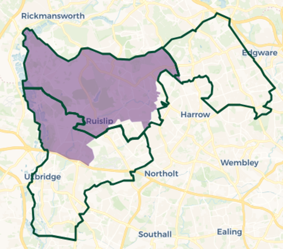 Ruislip, Pinner and Northwood constituency map: Purple shaded area old constituency boundary. Green outlines new constituency boundaries (© OpenStreetMap contributors | © CARTO)