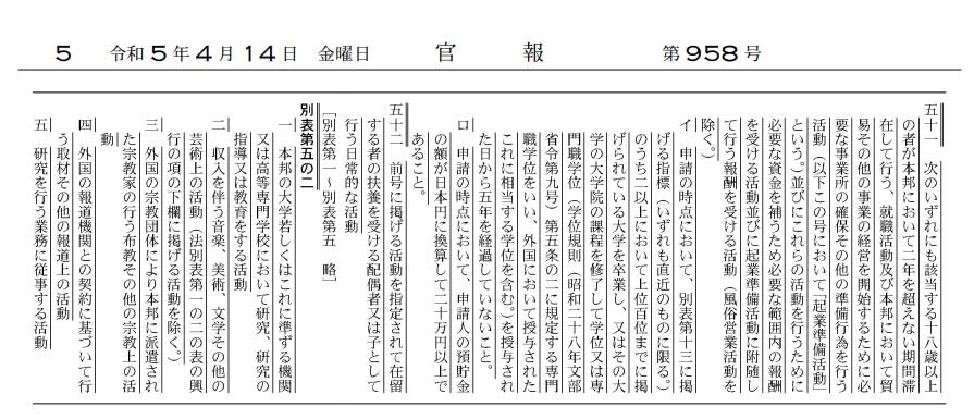 日本政府4月14日的官報刊登了新簽證居留特定活動通知。（lawoffice-yokoyama.com）