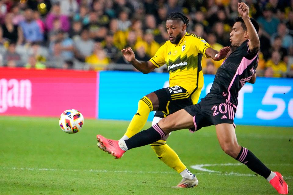 Oct 2, 2024; Columbus, OH, USA; Columbus Crew defender Steven Moreira (31) fights for the ball against Inter Miami CF midfielder Diego Gomez (20) in the first half at Lower.com Field.