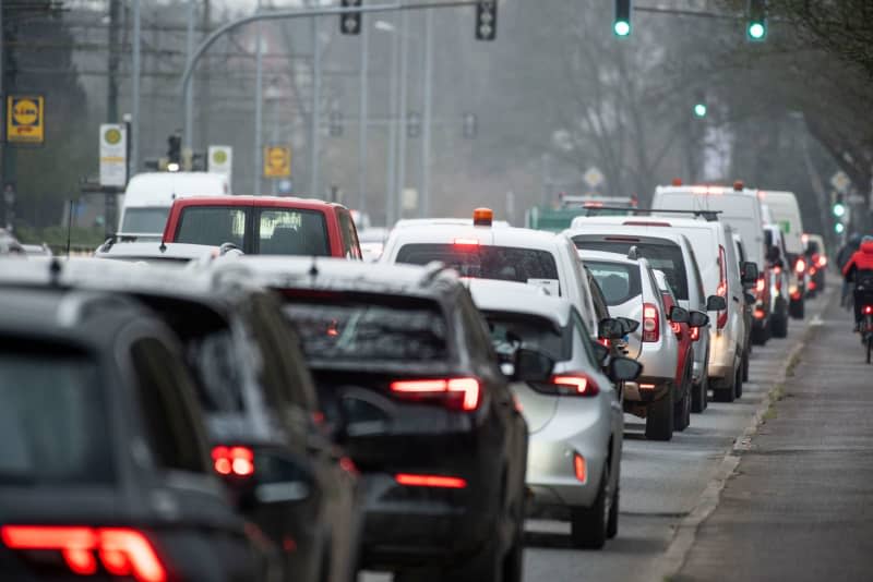 A view of a traffic jam along the main road 105 in the city centre of Rostock. Much of Germany's public transport will remain out of service on Friday, as the second round of warning strikes by the trade union Verdi climaxes. Frank Hormann/dpa-Zentralbild/dpa