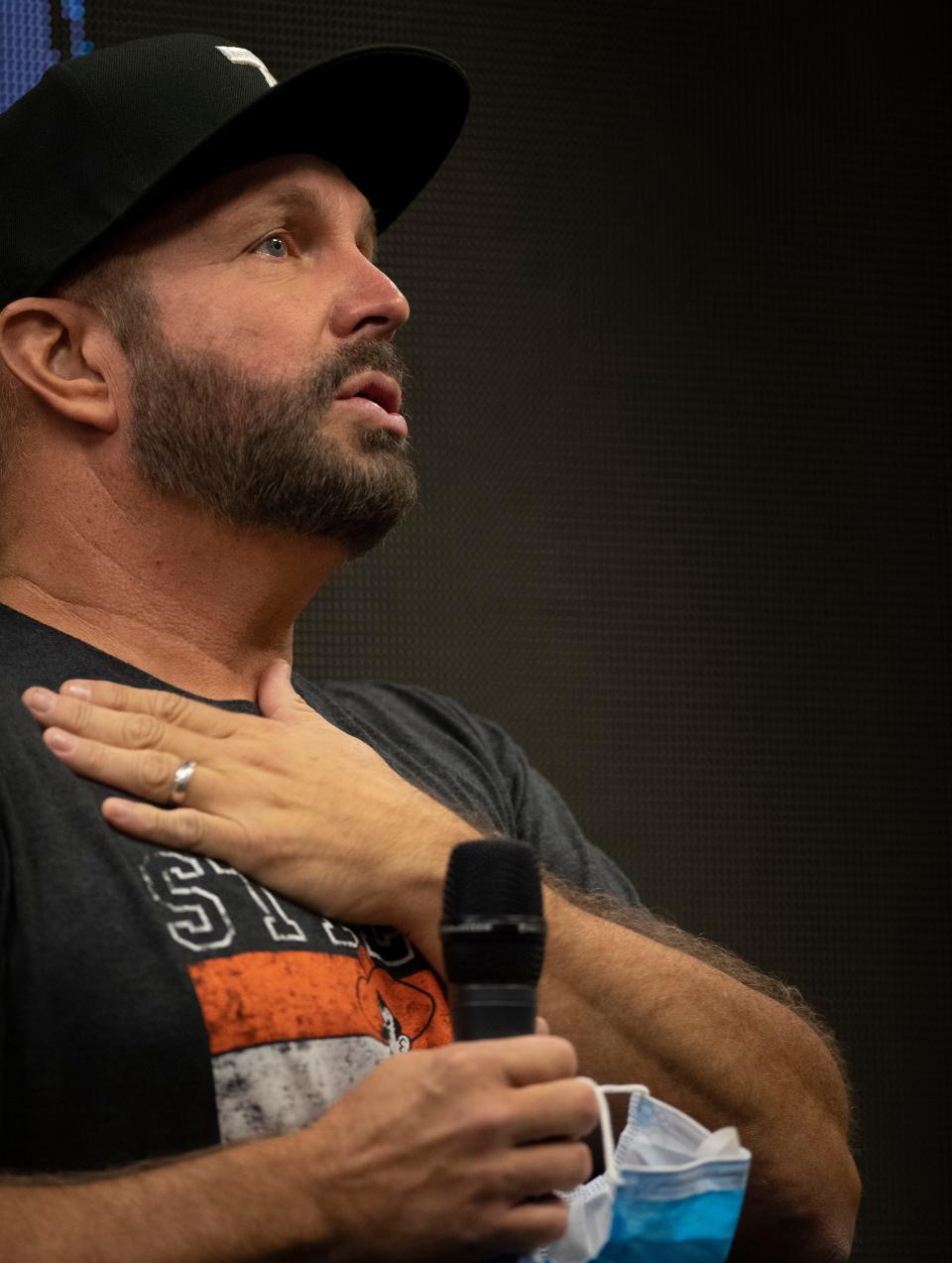 Garth Brooks holds a press conference ahead of his Saturday night concert at Nissan Stadium Friday, July 30, 2021 in Nashville, Tenn. 