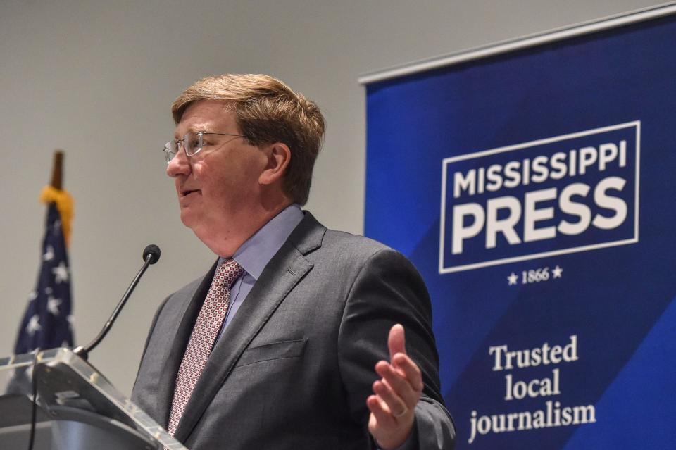 Gov. Tate Reeves speaks to the press at the Mississippi Press Awards candidate forum at the Sheraton Refuge Hotel and Conference Center in Flowood, Miss., Friday, June 16, 2023.