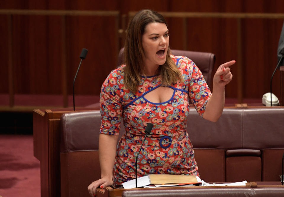 Sen. Sarah Hanson-Young calls out slut-shaming bullies. Photo: Tracey Nearmy/Getty Images
