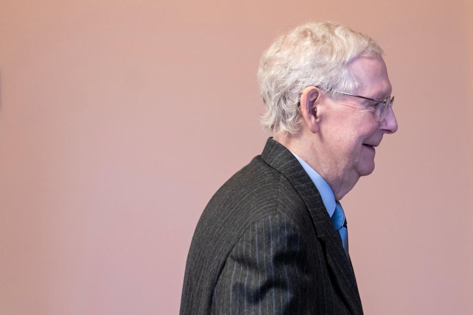 Senate Minority Leader Mitch McConnell (R-KY) walks toward his office on February 28, 2024 in Washington, DC. McConnell announced Wednesday that he would step down as Republican leader in November.