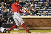 Cincinnati Reds' Joey Votto hits a solo home run in the sixth inning of the baseball game against the New York Mets, Friday, July 30, 2021, in New York. (AP Photo/Mary Altaffer)