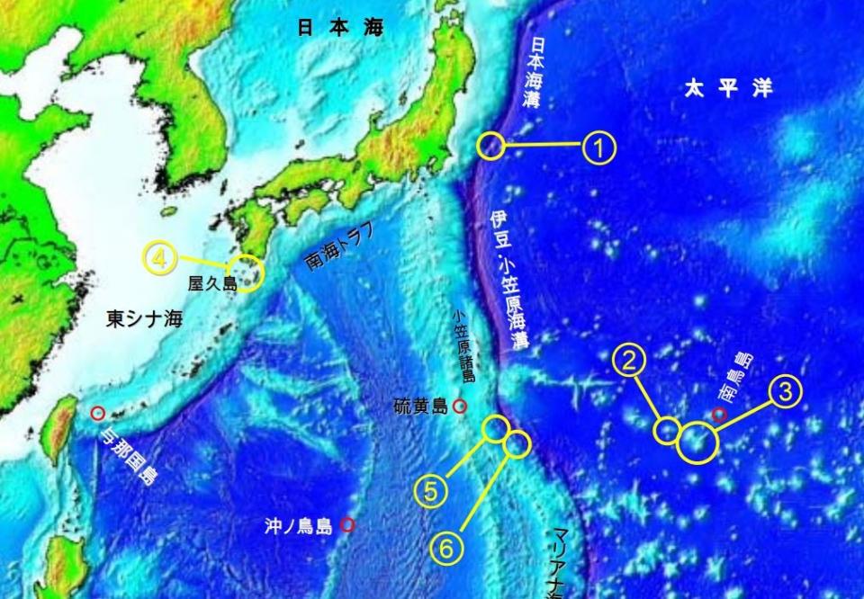 日本海上保安廳繪製的海底地形地圖，標示「3」的區域為拓洋第5海山位置。翻攝日本海上保安廳海洋情報部航海情報課