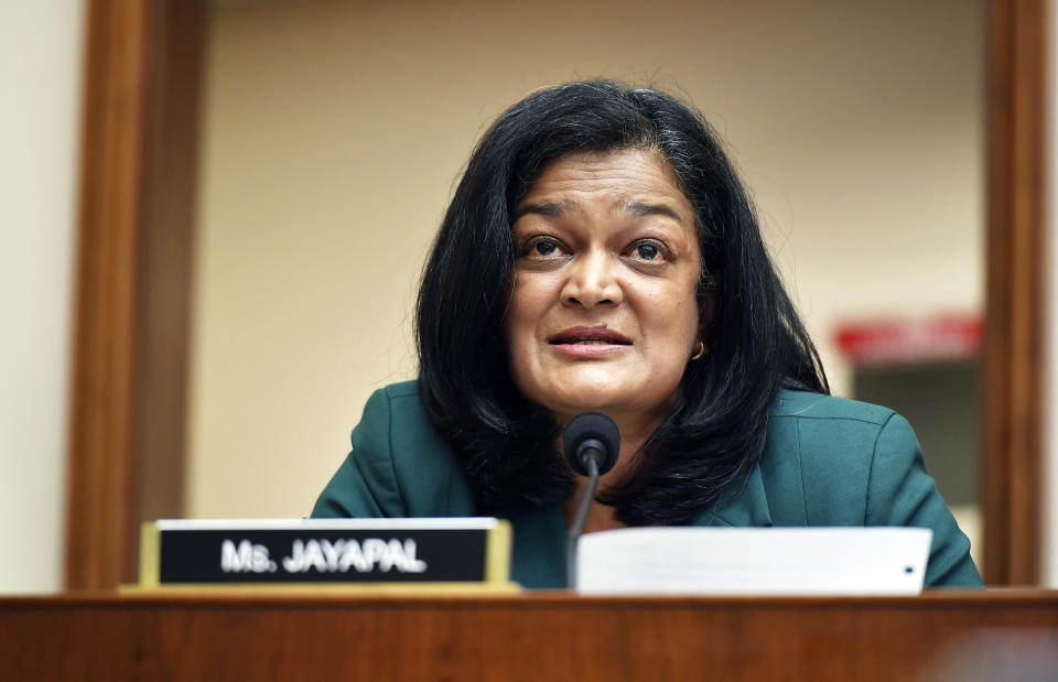 FILE - In this July 29, 2020, file photo Rep. Pramila Jayapal, D-Wash., speaks during a House Judiciary subcommittee on antitrust on Capitol Hill in Washington. (Mandel Ngan/Pool via AP, File)