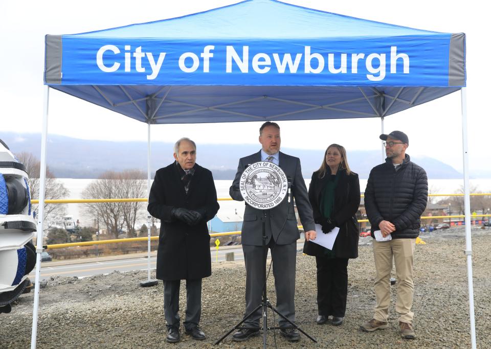 Newburgh City engineer Jason Morris speaks during a press conference about the north interceptor sewer project on January 12, 2023. Morris is joined by, from left, New York State assemblyman Jonathan Jacobson, NY DEC region 3 director Kelly Turturro and Riverkeeper's Dan Shapley.