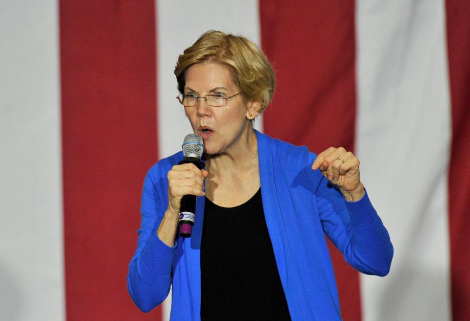 Sen. Elizabeth Warren (D-Mass.) speaks in Exeter, New Hampshire, on Monday. Warren, who is proposing a wealth tax, has drawn a lot of public criticism from billionaires. (Photo: JOSEPH PREZIOSO /Getty Images)