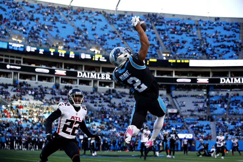 CHARLOTTE, NORTH CAROLINA - DECEMBER 12: DJ Moore #2 of the Carolina Panthers attempts to a catch during the game against the Atlanta Falcons at Bank of America Stadium on December 12, 2021 in Charlotte, North Carolina. (Photo by Jared C. Tilton/Getty Images)