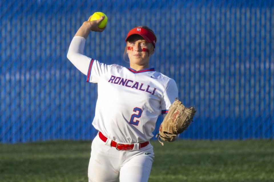 Roncalli High School senior Lyla Blackwell (2) makes a throw from the outfield during an IHSAA softball game against Tri-West Hendricks High School, Thursday, April 13, 2023, at Roncalli High School in Indianapolis.