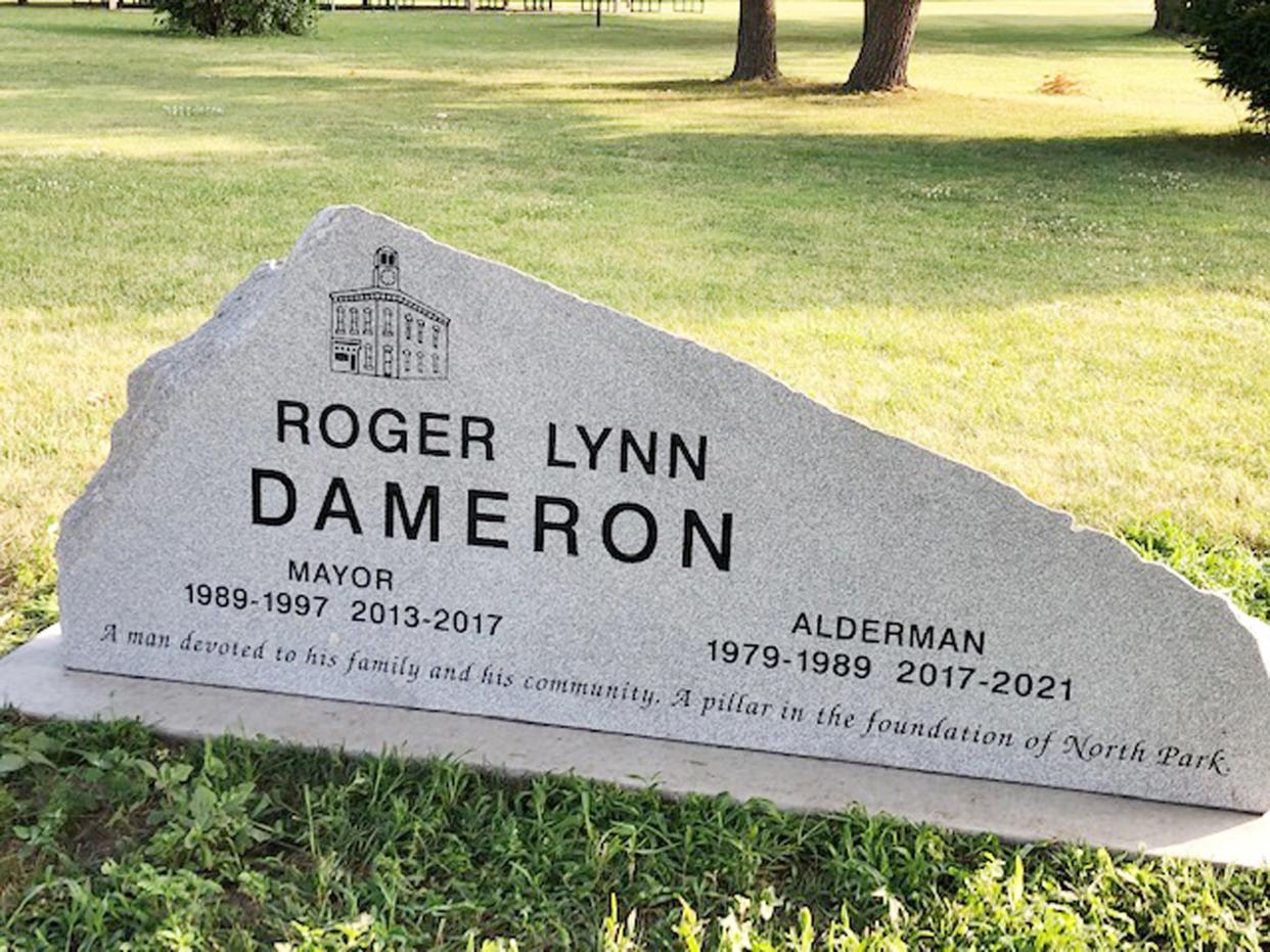 A memorial stone honoring former Fairbury Mayor Lynn Dameron is shown at North Park.