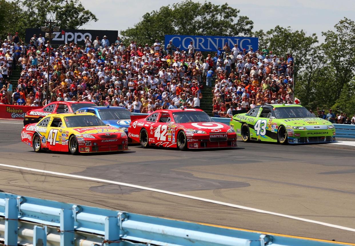 NASCAR Sprint Cup Series drivers Juan Pablo Montoya (42), Marcus Ambrose (47), and AJ Allmendinger (43) during the Heluva Good! Sour Cream Dips at the Glen at Watkins Glen International in 2010. Montoya won the race.