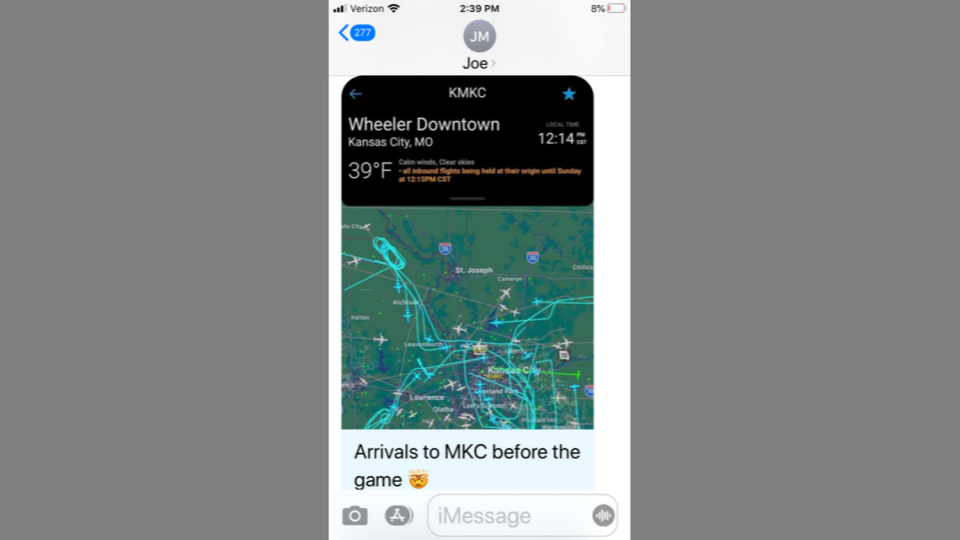 Twitter r image of aircraft traffic at Charles B. Wheeler Downtown Airport just after noon prior to the AFC championship game between the Kansas City Chiefs and the Cincinnati Bengals.