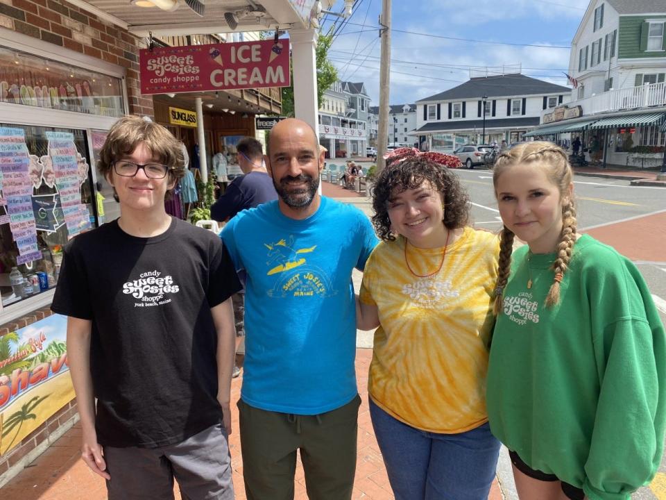 Sweet Josie's Shoppe owner Jose Perez said he is looking forward to a busy year at York Beach this summer, pictured with his staff from left to right - Zach Narcotta, Perez, Grace Lumley and Kayleigh Foss.