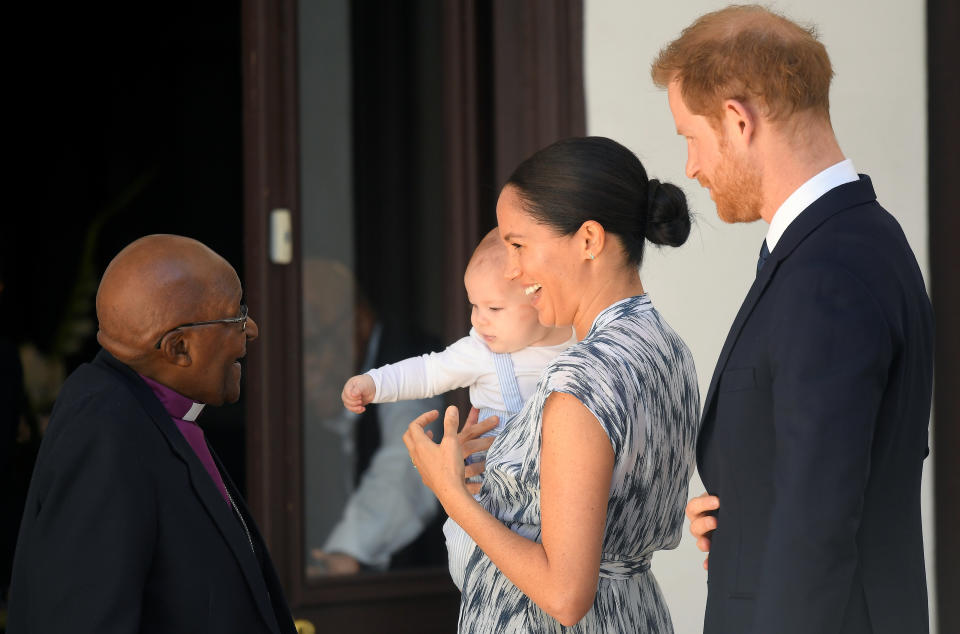 The Duke and Duchess of Sussex along with their son Archie meet with Archbishop Desmond Tutu and Mrs Tutu at their legacy foundation in cape Town, on day three of their tour of Africa.