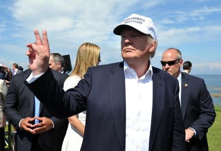 Republican presidential candidate Donald Trump gestures following a news conference, at his Turnberry golf course, in Turnberry, Scotland, Britain June 24, 2016. REUTERS/Clodagh Kilcoyne