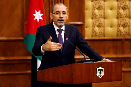 Jordanian Foreign Minister Ayman Safadi speaks during a news conference with EU High Representative for Foreign Affairs Federica Mogherini in Amman, Jordan, June 10, 2018. REUTERS/Muhammad Hamed/Files