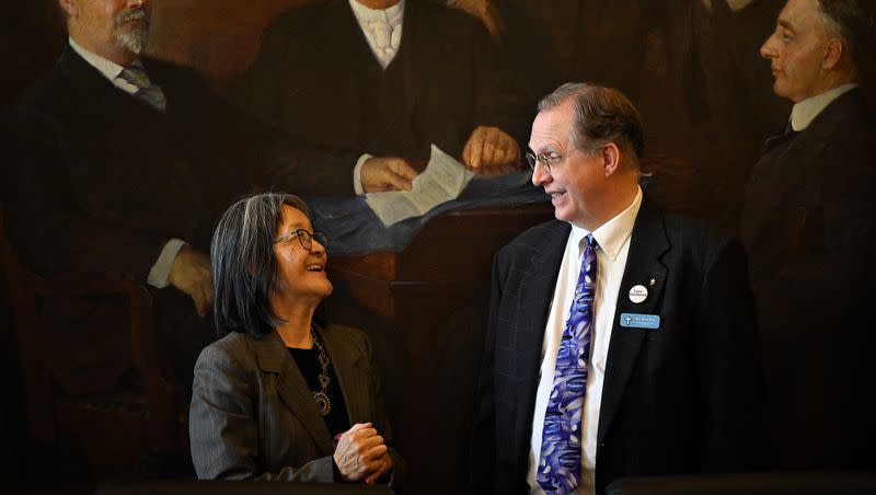 Gloria Lee, from the Episcopal Church, and the Rev. Doug Gray, of the First Congregational Church of Salt Lake City, talk prior to sitting down with representatives from numerous faith groups and organizations gathered at the Capitol in Salt Lake City for Faith, Hunger and Homelessness Day to express support for legislative proposal that would reduce homelessness on Thursday, Jan. 18, 2024.