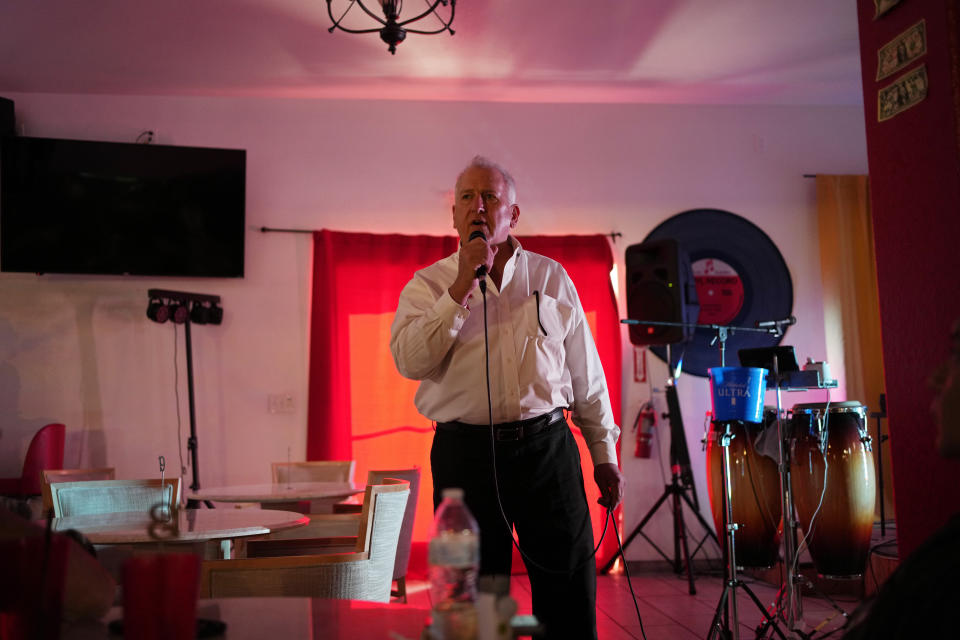 Mark Kampf, the winner of the Republican Party primary in the Nye County clerk's race, speaks at an event on July 16, 2022, in Pahrump, Nev. (AP Photo/John Locher)