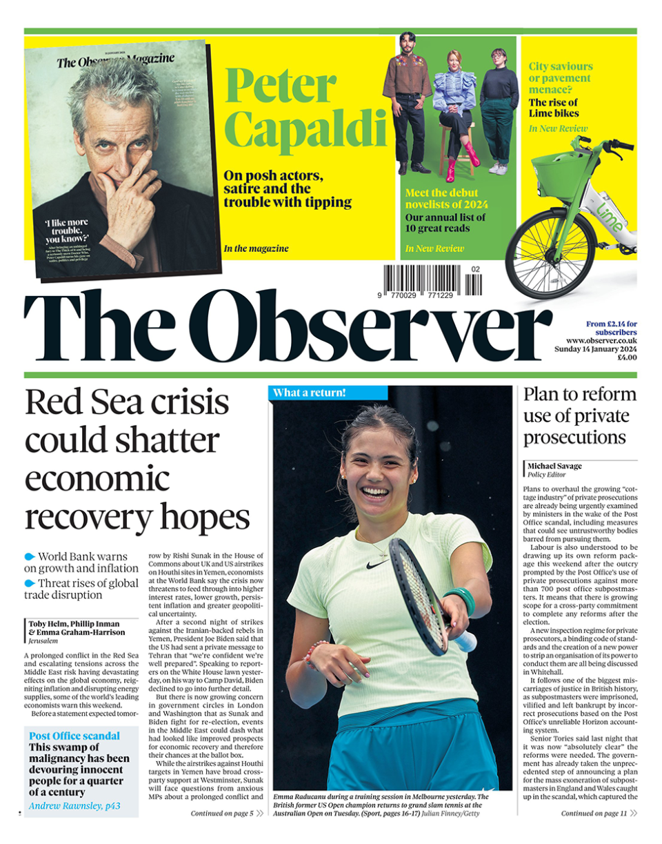 The main headline on the front page of the Observer reads: "Red Sea crisis could shatter economic recovery hopes"