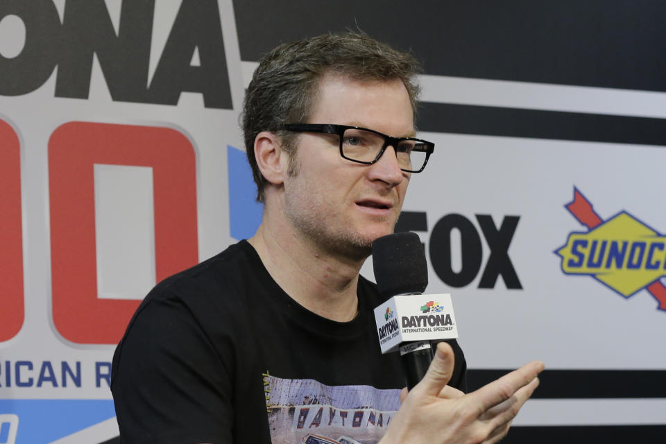 FILE - Dale Earnhardt Jr., team owner and TV analyst, answers questions during a news conference before the NASCAR Daytona 500 auto race at Daytona International Speedway, Sunday, Feb. 16, 2020, in Daytona Beach, Fla. Even his boss. Dale Earnhardt Jr., found Noah Gragson’s deliberate crash into Sage Karam at Road America unacceptable. (AP Photo/Terry Renna, File)