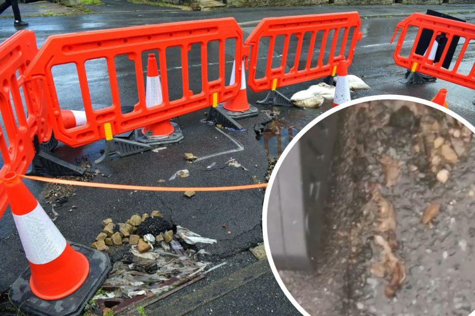 Water mixed with sewage and debris, including sanitary products, paper and wipes, has been dripping along Wheathead Lane, Keighley, for more than a week <i>(Image: Newsquest/Camera Club, Simon Sugden)</ i>