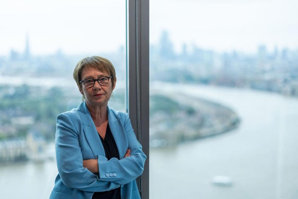 European Bank for Reconstruction and Development (EBRD) President Odile Renaud-Basso poses for a photograph following an interview with AFP at the Bank's headquarters in London on Oct. 2, 2023. (Henry Nicholls / AFP via Getty Images)